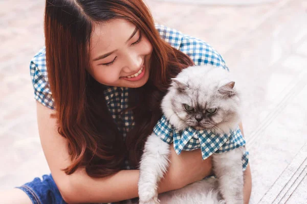 Närbild av ung asiatisk kvinna leker med sin Persiska katt. — Stockfoto