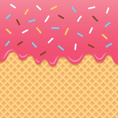 Gofret vektörüne çilek reçeli akarken üstüne gökkuşağı serpiştiriliyor..