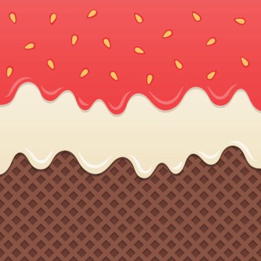 Çikolatalı gofret arka planında süt kreması ve çilek reçeli.