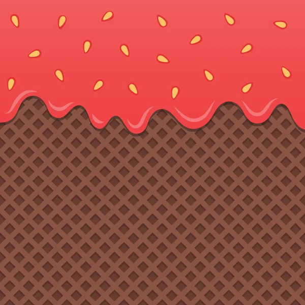 Chocolade Wafer Achtergrond Met Vloeiende Aardbeienjam — Stockvector
