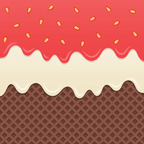 Schokolade Waffelhintergrund Mit Fließender Milchcreme Und Erdbeermarmelade — Stockvektor