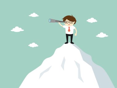 İş konsepti, iş adamı dağın tepesinde dururken teleskop kullanıyor. Vektör illüstrasyonu.