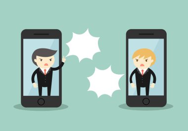 İş konsepti, iki işadamı akıllı telefondan tartışıyor. Vektör illüstrasyonu.