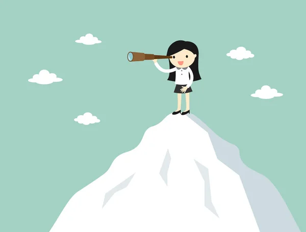 Business Concept Business Woman Using Telescope While Standing Top Mountain — ストックベクタ