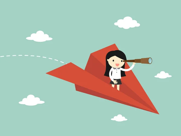 Business Concept Business Woman Flying While Using Telescope Vector Illustration — ストックベクタ