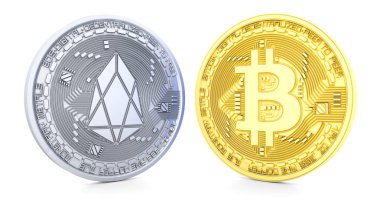 Bitcoin ve Eos 3d, beyaz arka plan üzerinde izole