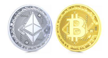 Bitcoin ve Ethereum beyaz arka plan üzerinde izole 3d