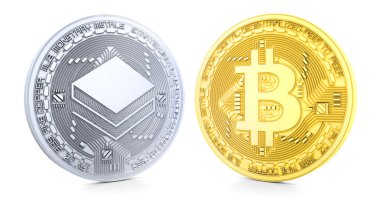 Bitcoin ve Stratis beyaz arka plan üzerinde izole 3d