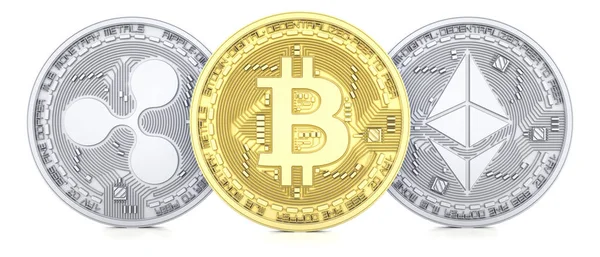 Bitcoin Ethereum Und Ripple Isoliert Auf Weißem Hintergrund — Stockfoto