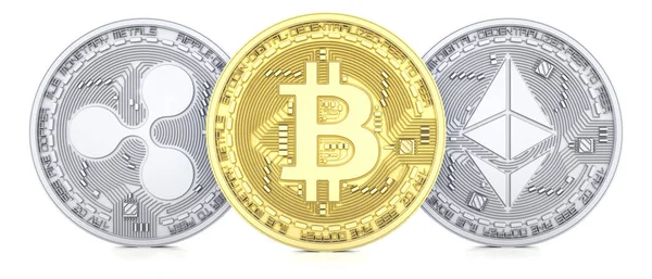 Bitcoin, Ethereum ve dalgalanma 3d, beyaz arka plan üzerinde izole