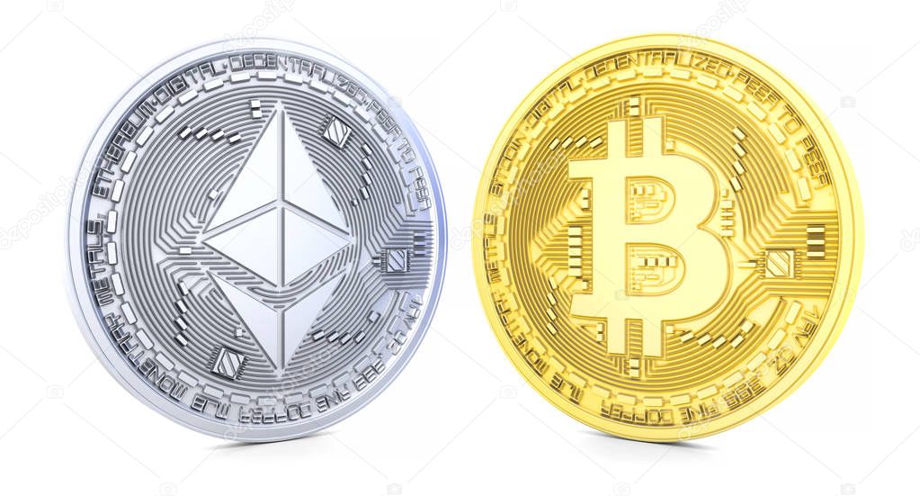 Bitcoin and Ethereum 3d isolated on white background