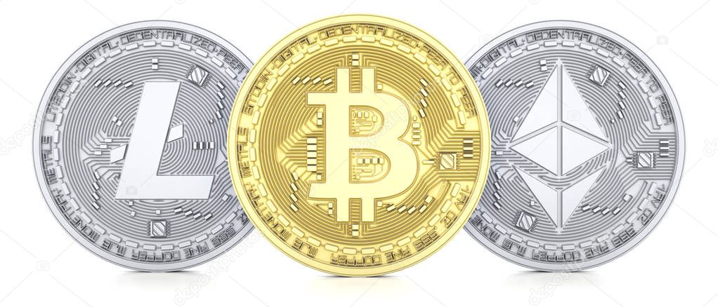 Bitcoin, Ethereum and Litecoin 3d isolated on white background