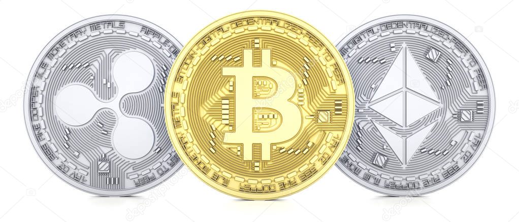 Bitcoin, Ethereum and Ripple 3d, isolated on white background