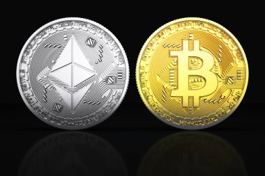 Bitcoin ve Ethereum siyah arka plan üzerine izole 3d.