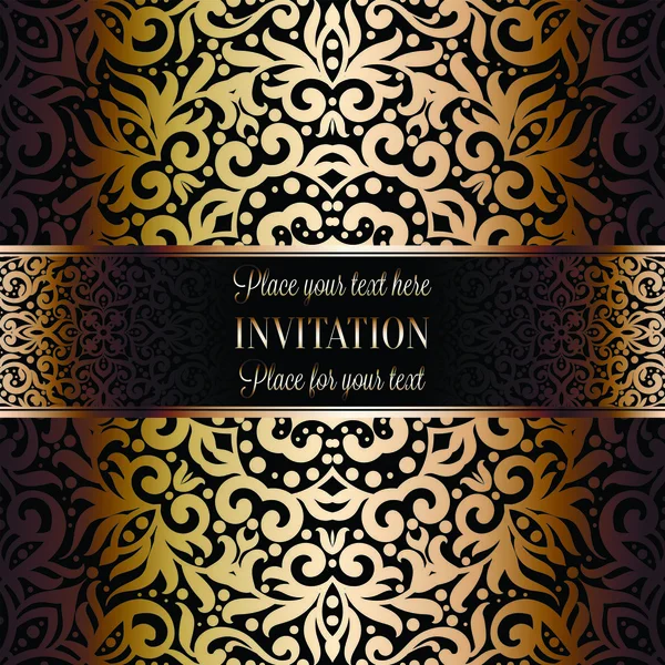 ゴールド結婚式招待状カード テンプレート デザインの背景にダマスク模様 バロック様式の結婚式の伝統装飾 — ストックベクタ