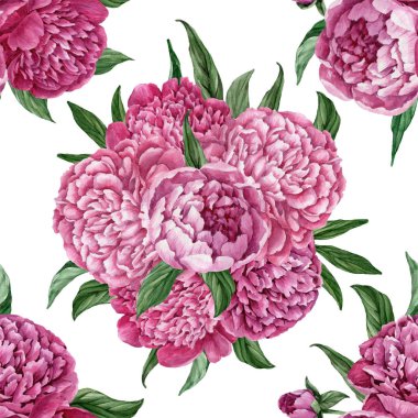 Zarif ve nazik sorunsuz çiçek desenli çiçek açan peonies beyaz zemin üzerine suluboya el boyaması tasarım izole ile.