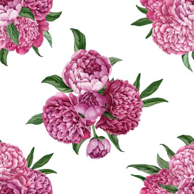 Zarif ve nazik sorunsuz çiçek desenli çiçek açan peonies beyaz zemin üzerine suluboya el boyaması tasarım izole ile.