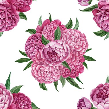Zarif ve nazik sorunsuz çiçek desenli çiçek açan peonies beyaz zemin üzerine suluboya el boyaması tasarım izole ile.