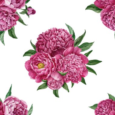 Zarif ve nazik sorunsuz çiçek desenli çiçek açan peonies beyaz zemin üzerine suluboya el boyaması tasarım izole ile.