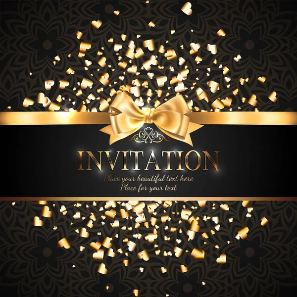 豪華な光沢のある招待状カードまたはゴールド リボン弓と繊細なパターンと黒の背景に輝くゴールデン ハートの形をしたキラキラ バナー — ストックベクタ