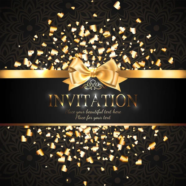 Gorgeous Shiny Invitation Card Banner Gold Ribbon Bow Sparkling Golden — Stock Vector