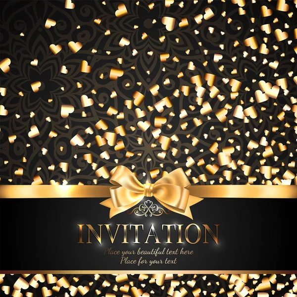 Gorgeous Shiny Invitation Card Banner Gold Ribbon Bow Sparkling Golden — Stock Vector