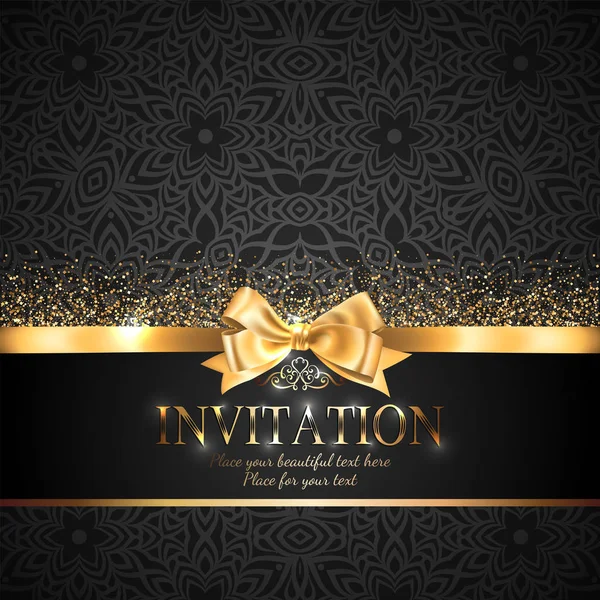 Cartão Convite Lindo Brilhante Banner Com Arco Fita Ouro Brilho — Vetor de Stock