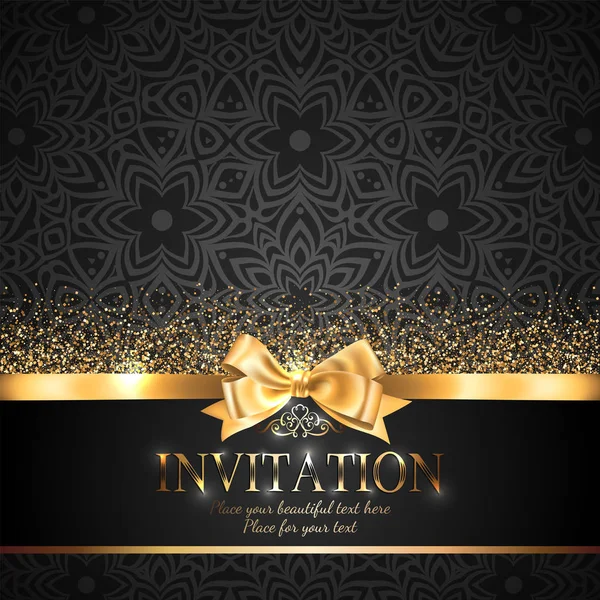 Cartão Convite Lindo Brilhante Banner Com Arco Fita Ouro Brilho — Vetor de Stock