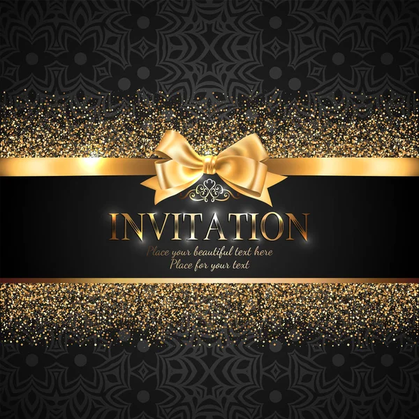 Gorgeous Shiny Invitation Card Banner Gold Ribbon Bow Sparkling Golden — Stock Vector