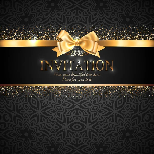 Cartão Convite Lindo Brilhante Banner Com Arco Fita Ouro Brilho —  Vetores de Stock