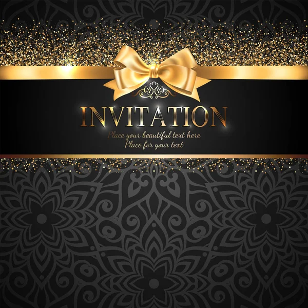 Gorgeous Shiny Invitation Card Banner Gold Ribbon Bow Sparkling Golden — Stock Vector