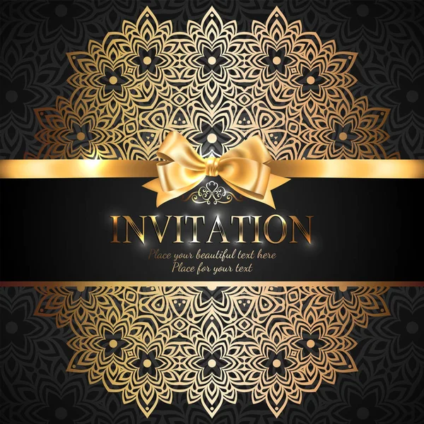 Gorgeous Shiny Invitation Card Banner Gold Ribbon Bow Place Text — Stock Vector