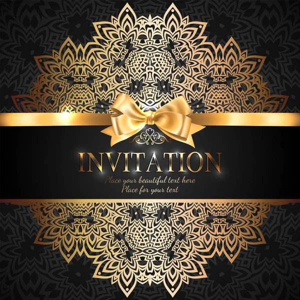 Gorgeous Shiny Invitation Card Banner Gold Ribbon Bow Place Text — Stock Vector