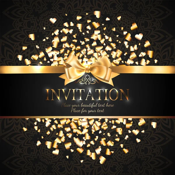 豪華な光沢のある招待状カードまたはゴールド リボン弓と繊細なパターンと黒の背景に輝くゴールデン ハートの形をしたキラキラ バナー — ストックベクタ