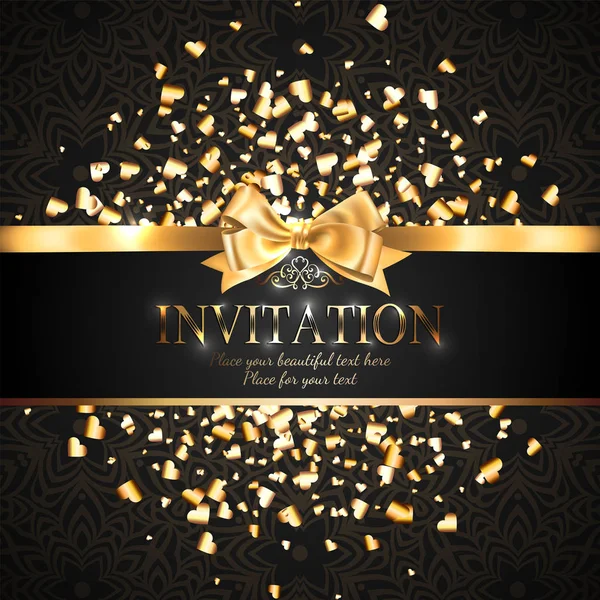Gorgeous Shiny Invitation Card Banner Gold Ribbon Bow Sparkling Golden — Stock Vector