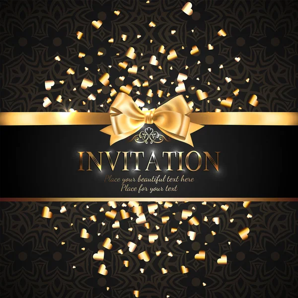 Prachtige Glanzend Uitnodigingskaart Banner Met Gouden Lint Boog Sprankelende Gouden — Stockvector