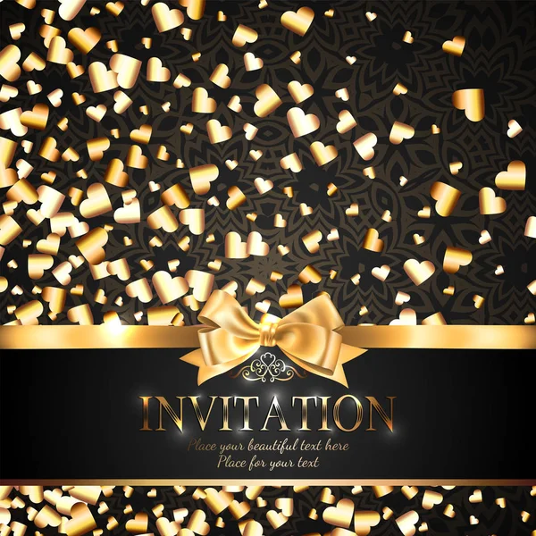 Gorgeous Shiny Invitation Card Banner Gold Ribbon Bow Sparkling Golden — Stock Vector