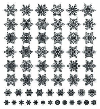 Beyaz arka plan üzerinde çeşitli türleri koleksiyonu izole sevimli kar taneleri. Düz çizgi kar simgeler, kar pul siluet. Noel afiş, kartları için güzel öğe. Yılbaşı süsleme