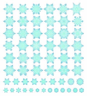 Beyaz arka plan üzerinde çeşitli türleri koleksiyonu izole sevimli kar taneleri. Düz çizgi kar simgeler, kar pul siluet. Noel afiş, kartları için güzel öğe. Yılbaşı süsleme