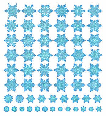 Beyaz arka plan üzerinde çeşitli türleri koleksiyonu izole sevimli kar taneleri. Düz çizgi kar simgeler, kar pul siluet. Noel afiş, kartları için güzel öğe. Yılbaşı süsleme