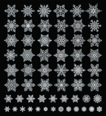 Siyah arka plan üzerine çeşitli türleri koleksiyonu izole sevimli beyaz kar taneleri. Düz çizgi kar simgeler, kar pul siluet. Noel afiş, kartları için güzel öğe. Yılbaşı süsleme
