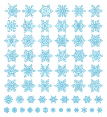 Beyaz arka plan üzerinde çeşitli türleri koleksiyonu izole sevimli kar taneleri. Düz çizgi kar simgeler, kar pul siluet. Noel afiş, kartları için güzel öğe. Yılbaşı süsleme