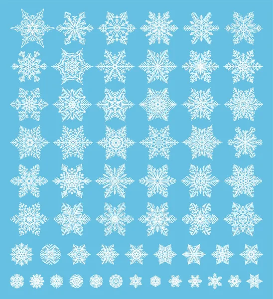 可爱的白色雪花各种类型的收集在蓝色背景 平行线雪图标 雪花剪影 不错的元素为圣诞节横幅 新年装饰品 — 图库矢量图片