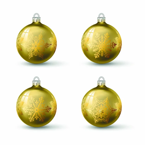Goldene Weihnachtskugeln Mit Verschiedenen Schneeflockenschmuck Darauf Set Aus Isolierten Realistischen — Stockvektor