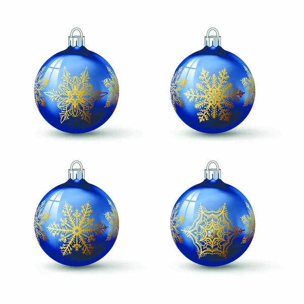 Blau Gefärbte Weihnachtskugeln Mit Verschiedenen Schneeflocken Ornamenten Darauf Set Aus — Stockvektor