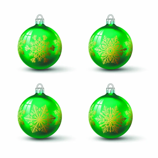 Groen Gekleurde Kerstballen Met Verschillende Sneeuwvlok Sieraad Het Verzameling Van — Stockvector