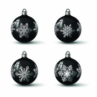 Siyah renkli Noel toplar ile farklı kar tanesi süsleme üstünde o. İzole gerçekçi cam topları kümesi. Vektör çizim tasarımınız için.