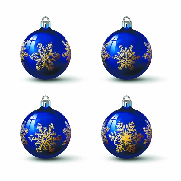 Blue Colored Christmas Balls Different Snowflake Ornament Set Isolated Realistic — Stock Vector
