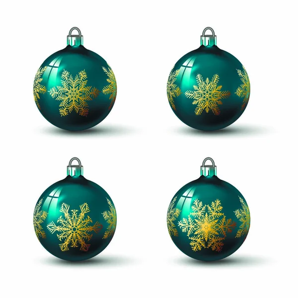 蓝色绿松石色的圣诞球与不同的雪花装饰就可以了 一套孤立的逼真玻璃球 用于您的设计的矢量插图 — 图库矢量图片