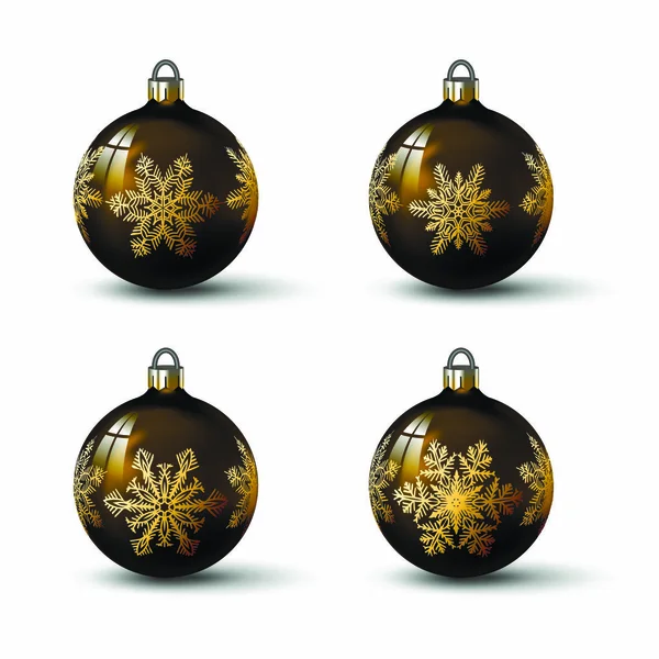 ブラウン色 それに異なるスノーフレーク飾りとクリスマス ボールです 分離の現実的なガラス球のセットです あなたのデザインのベクトル図 — ストックベクタ